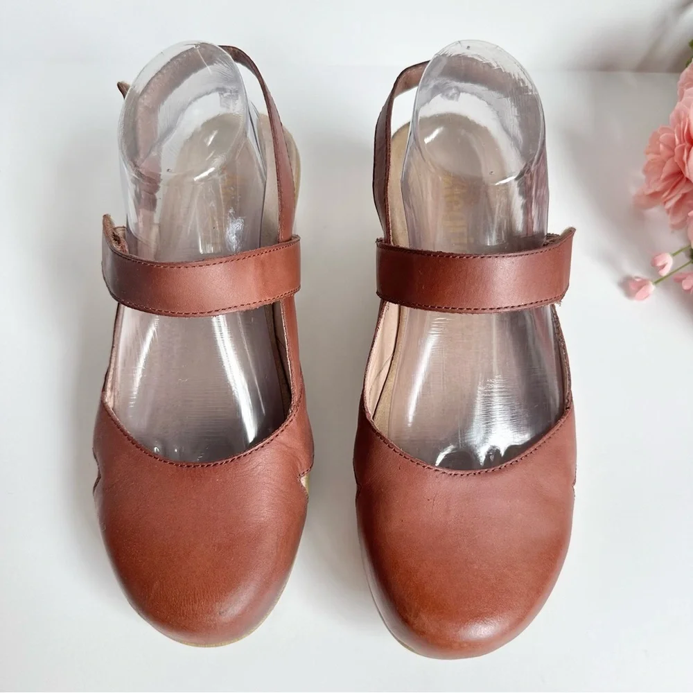 Alegria Tarah Cognac Leather Ankle Strap Wedge Shoes - Picture 4 of 16